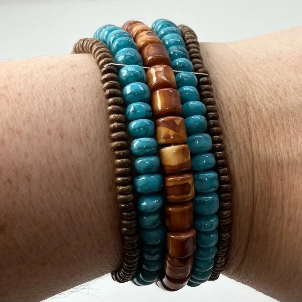 Indian Aztec Wooden Beaded Bracelet Teal Turquoise Brown Metal Stretch